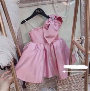 Váy lụa nơ ngọc kèm băng đô cho bé gái