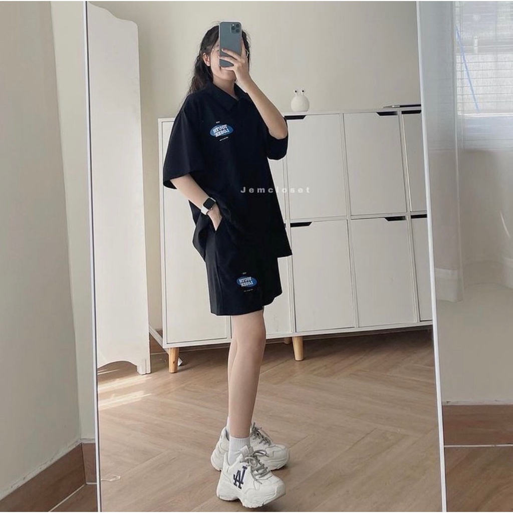 Set bộ áo polo tay lỡ logo kèm short đùi ống rộng unisex trẻ trung năng động
