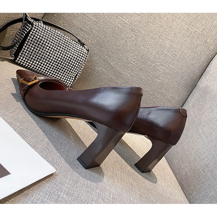 Giày cao gót Mary Jane mũi vuông loafer cao gót 7cm công sở vintage