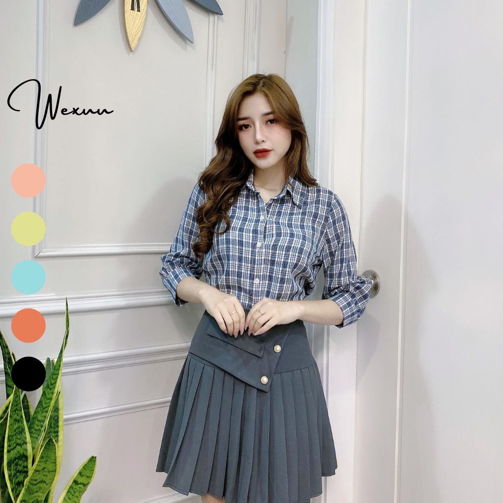 Áo sơ mi kiểu nữ Wexuu Design vải caro công sở chất Kate đẹp [Xu02 caro xanh]
