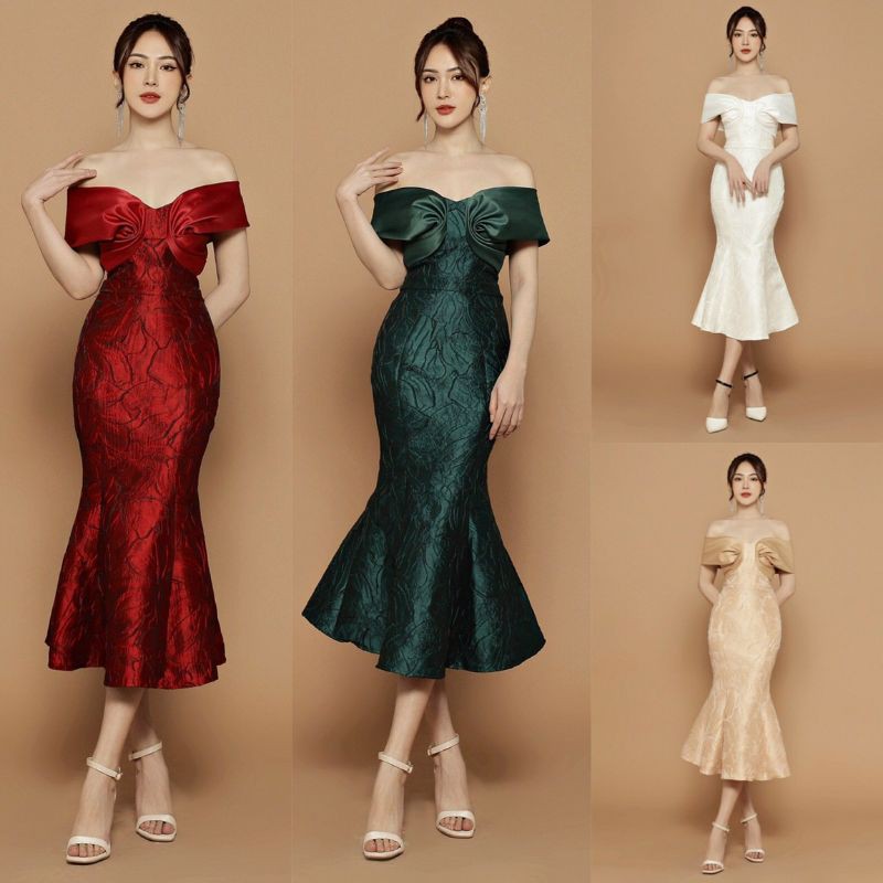 Đầm gấm đuôi Cá trễ vai cao cấp