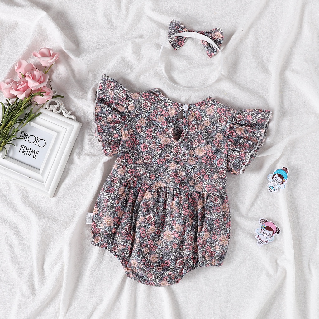 Bộ áo liền quần vải cotton in hoa màu tím + băng đô đáng yêu cho bé gái