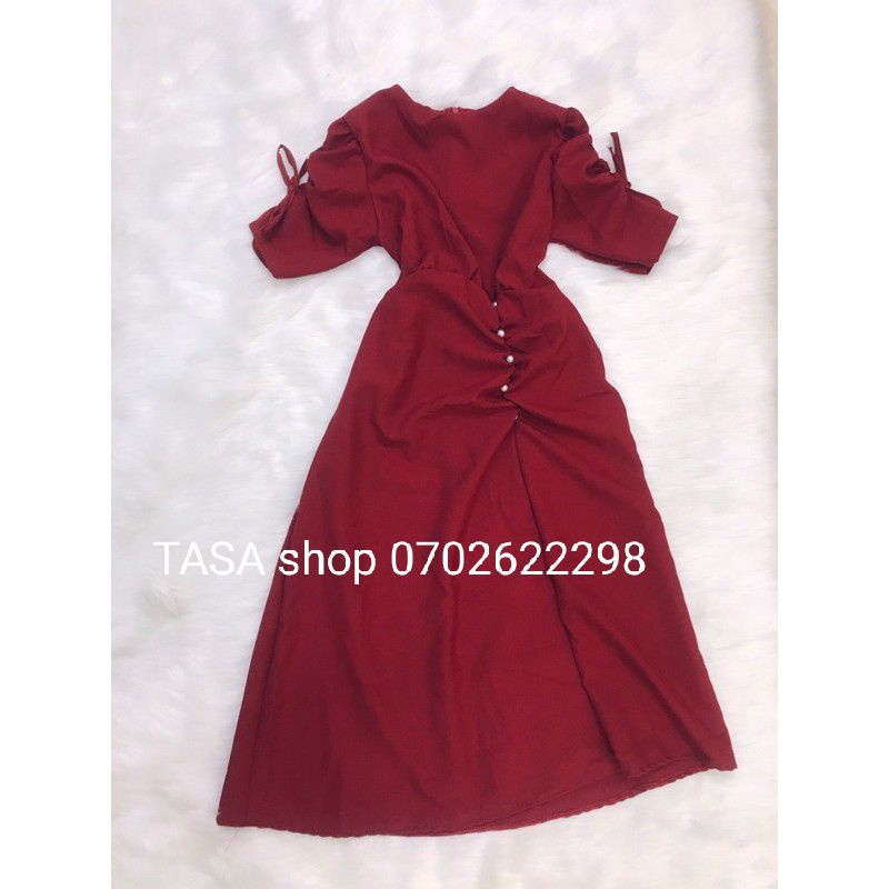 TSL-đầm dáng xòe màu đỏ đô cổ tròn ngắn tay rút dây đính cườm dự tiệc du xuân mặc Tết
