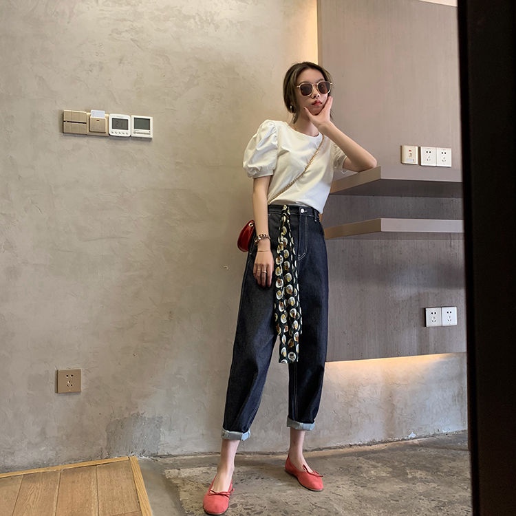 Áo thun cotton tay ngắn phồng cổ tròn màu trắng thời trang dành cho nữ