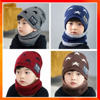 Set Mũ Len Hàn Quốc Cho Bé Trai Kèm Khăn Len Hình Ngôi Sao Siêu Cool Cho Bé Từ 5 Tuổi Màu Ngẫu Nhiên