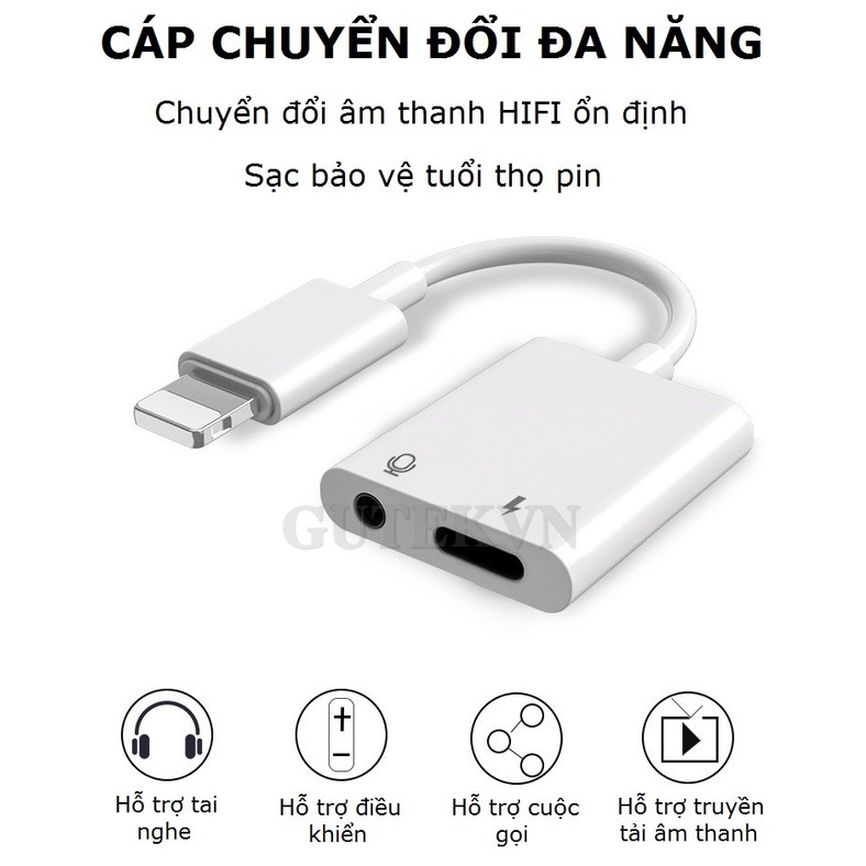 Dây cáp chuyển đổi tai nghe cổng giắc 3.5mm sang chân cắm lightning ip kèm cổng sạc an toàn - Gutek A3