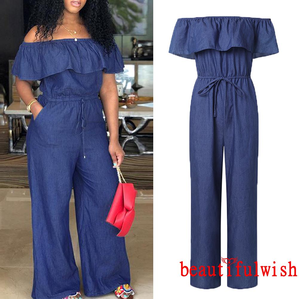 ✡Yl♀Jumpsuit Denim Trễ Vai Thiết Kế Dây Rút Eo Cao Thời Trang Xinh Xắn Cho Nữ | BigBuy360 - bigbuy360.vn