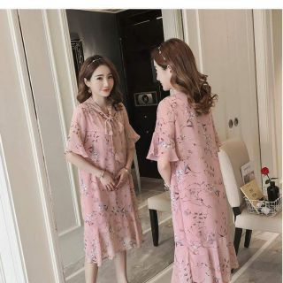 Đầm bầu hoa nhí hoa hồng cổ thắt nơ