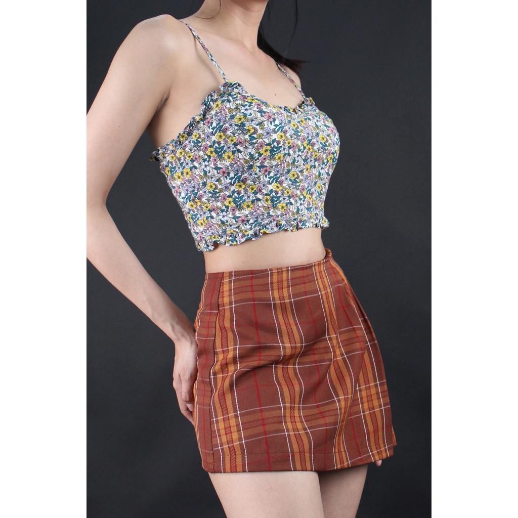 Q7974 - Áo croptop 3C3G 2 dây nhún thun sau in hoa lá nhỏ