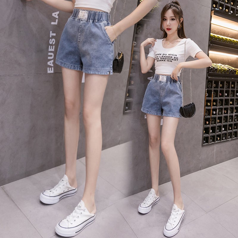 Quần jean✾✸♟quần short denim nữ mùa hè thụng rộng học sinh hàn quốc xẻ tà lưng thun mỏng đa năng cạp cao thời trang