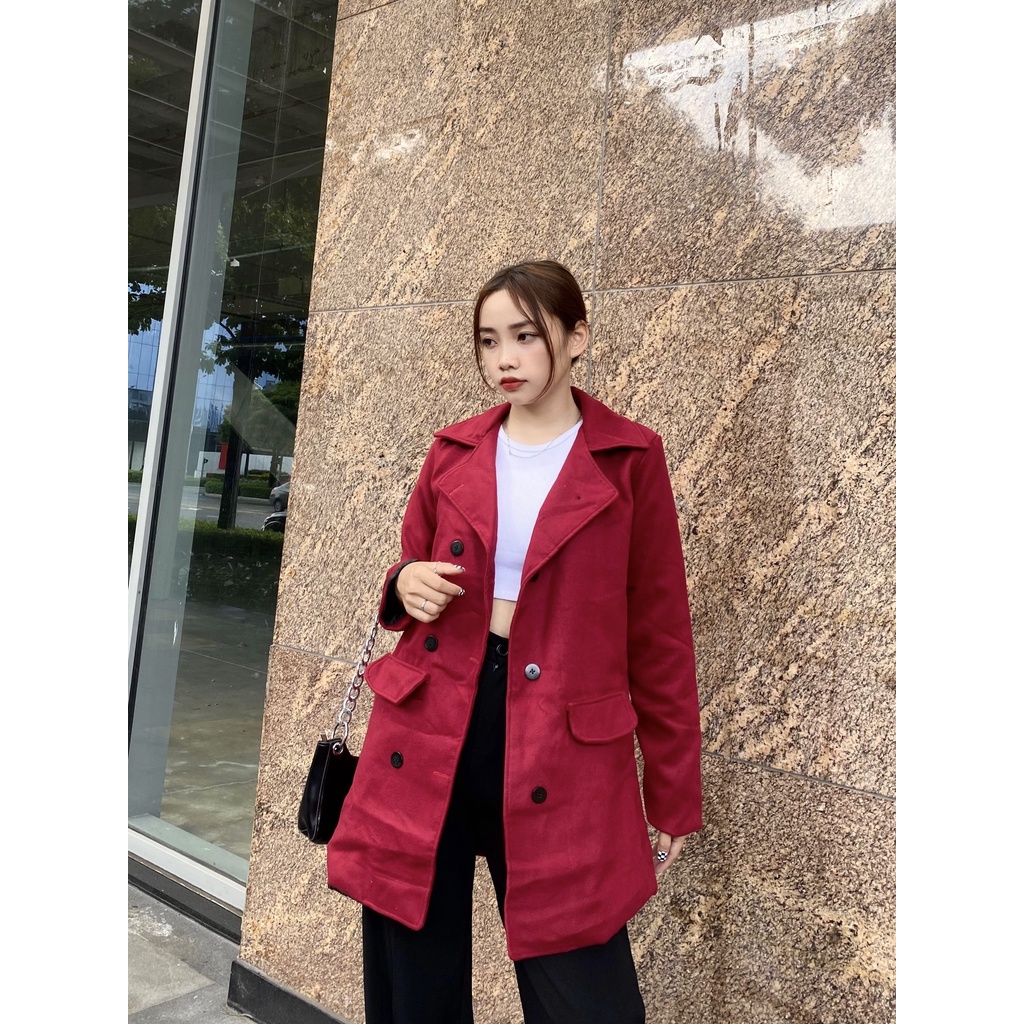 Áo Khoác Vest Blazer Nữ, Áo Khoác Dáng Dài Chất Dạ 2 Lớp Màu Đỏ Mận Phong Cách Hàn Quốc