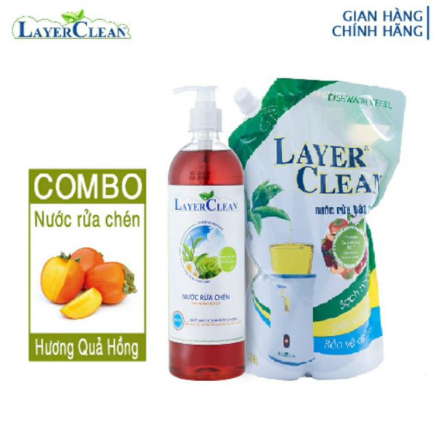 Combo nước rửa chén bát hữu cơ Layer Clean hương Quả Hồng chai 800ml+ túi 2L