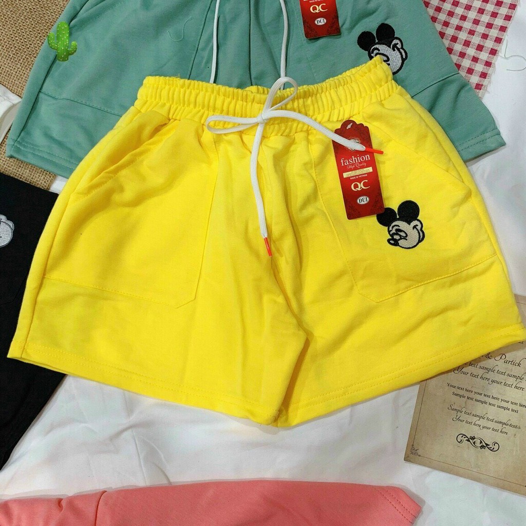 Quần shorts thêu hình chuột hoạt hình cực xinh , chất thun da cá mềm mịn