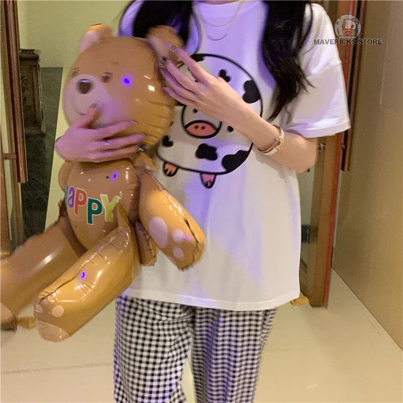 Bộ áo tay ngắn in họa tiết con bò và quần dài lưng cao sọc ca rô thời trang mùa hè mặc ở nhà dành cho nữ