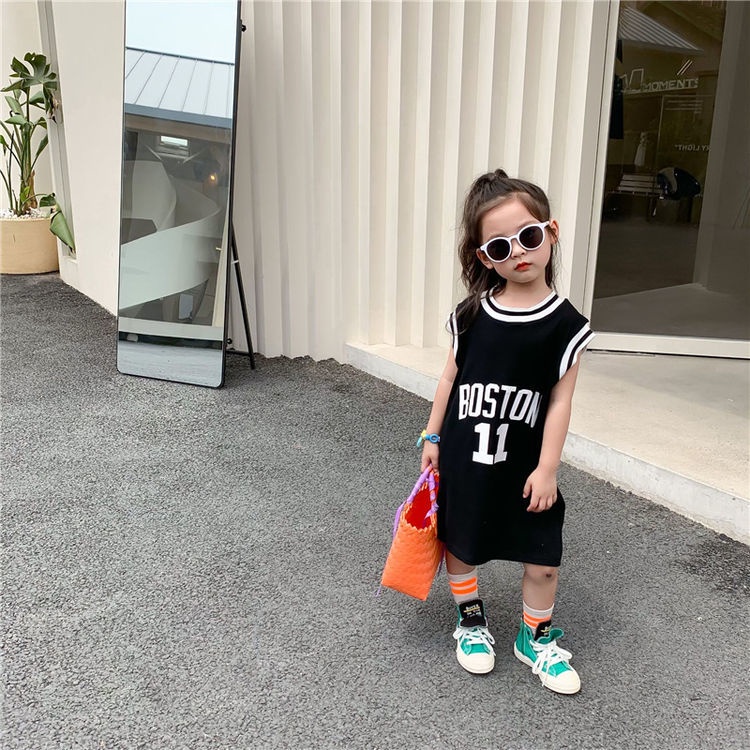 Đầm Cotton Chữ A Tay Lửng In Họa Tiết Bóng Rổ Thời Trang Mùa Hè Hàn Quốc Dành Cho Bé Gái