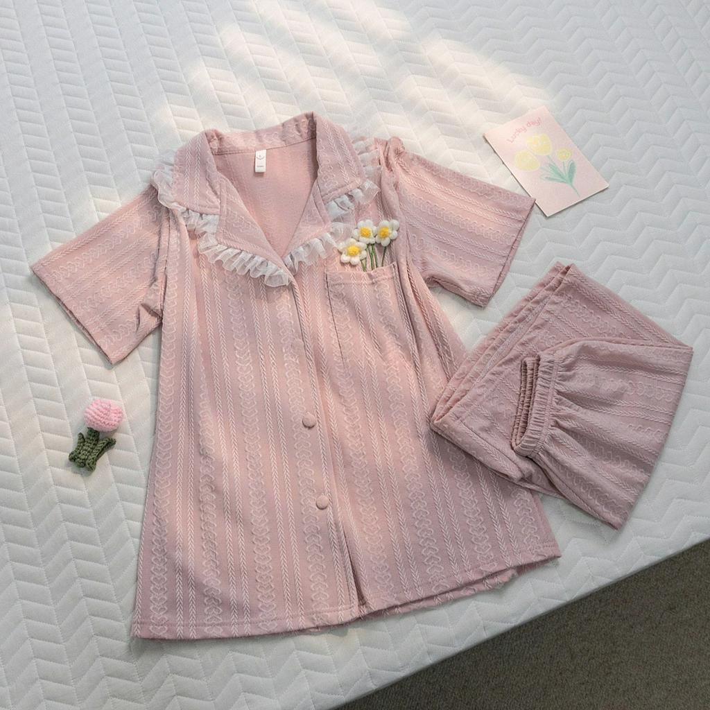 BỘ ĐỒ NGỦ MẶC NHÀ CỘC TAY TÚI BÔNG HOA VIỀN REN HOT 2023