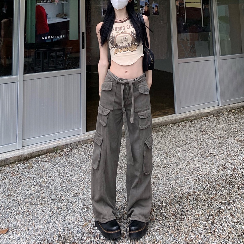 Porozi  quần túi hộp ống rộng quần túi hộp Quần ống rộng dài lưng cao phong cách Hàn Quốc dành cho nữ