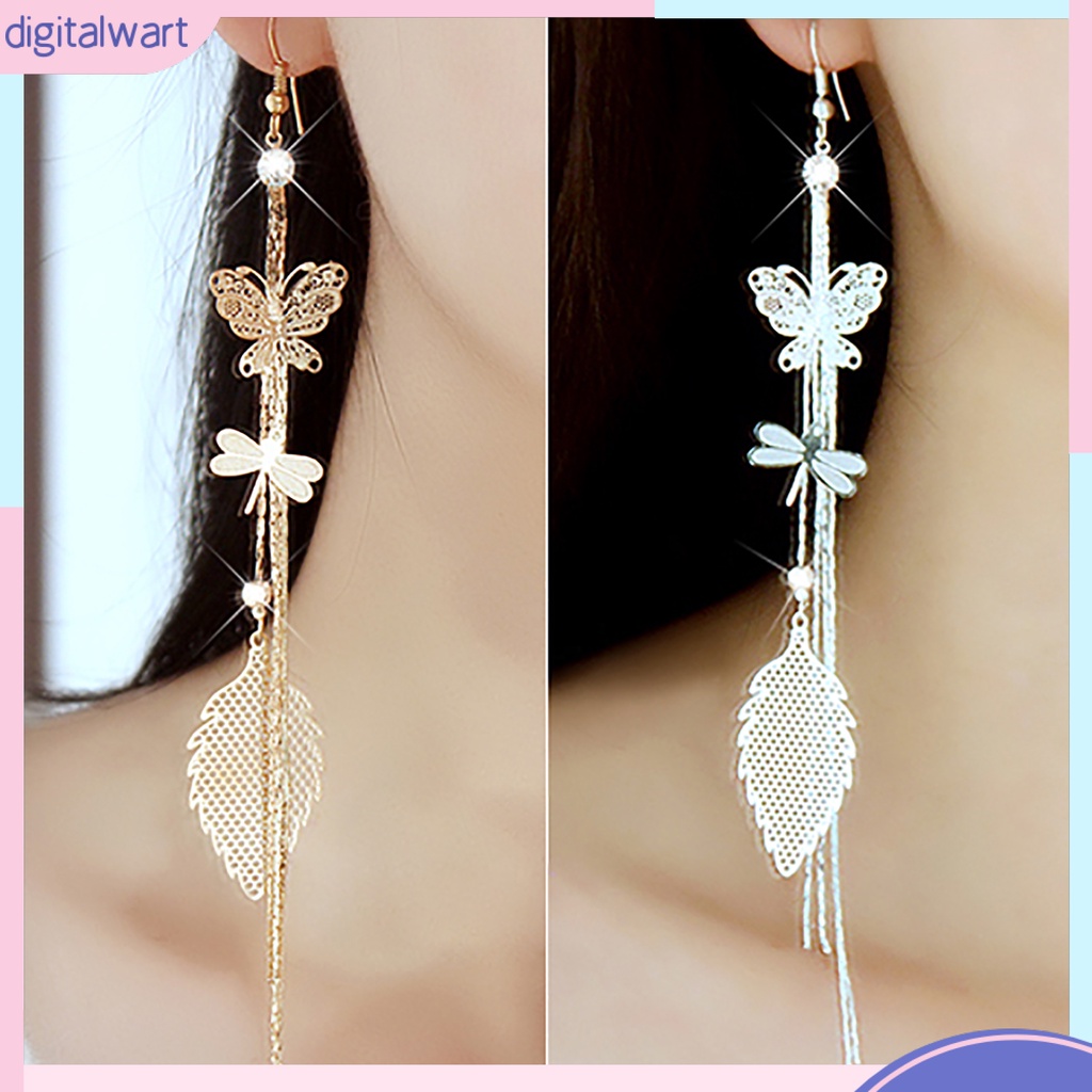 Khuyên tai hợp kim tua rua dáng dài thiết kế hình bướm/chuồn chuồn và lá cho nữ