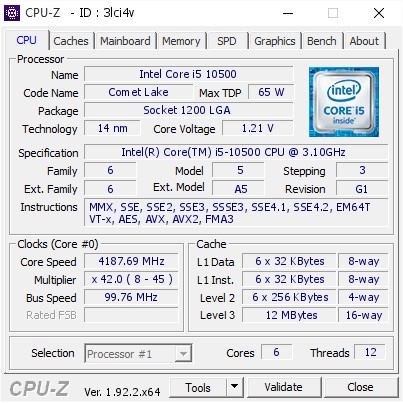 CPU Intel Core i5-10500 3.1GHz turbo 4.5Ghz, 6 nhân 12 luồng. Chip intel i5 10500 cũ, không kèm tản nhiệt