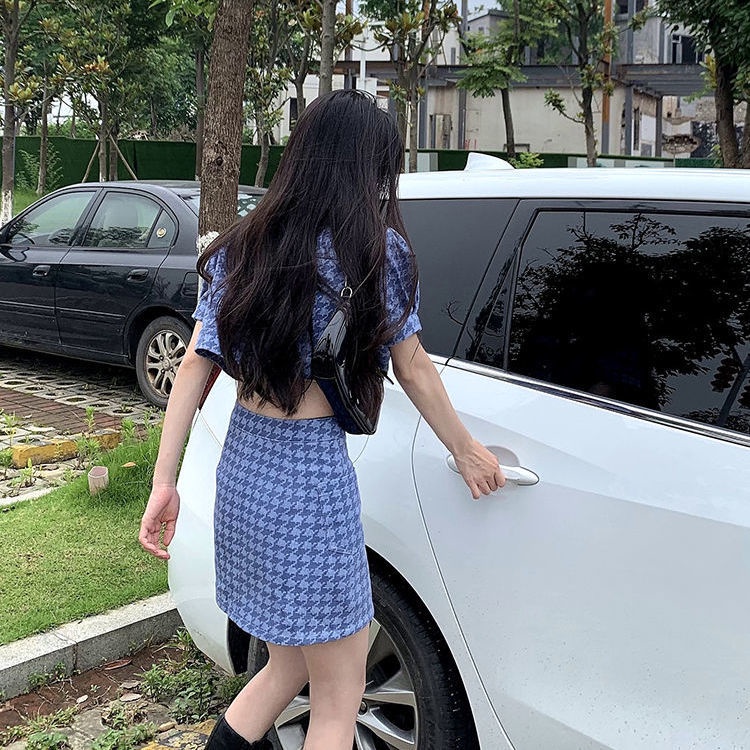 Set tay ngắn/ tay dài + váy ngắn màu xanh lam thời trang