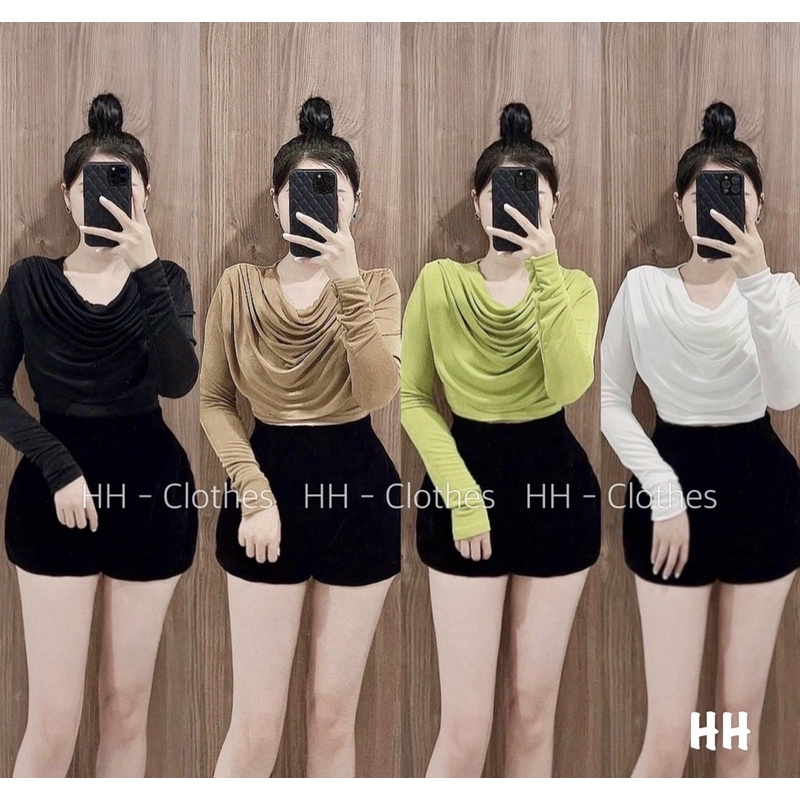Áo thun Dài Tay Giấy Nhũ Croptop Cổ Đổ Chất Nhung Mềm Mịn Xinh Xắn