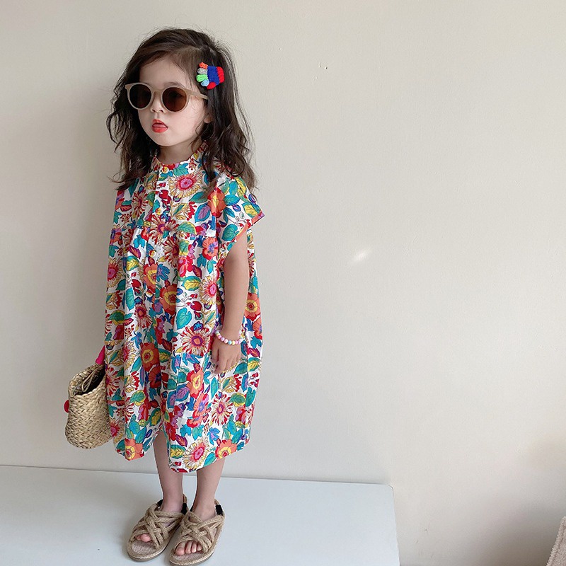 Jumpsuit Tay Ngắn Ống Rộng In Họa Tiết Hoa Thời Trang Mùa Hè Hàn Quốc Cho Bé Gái