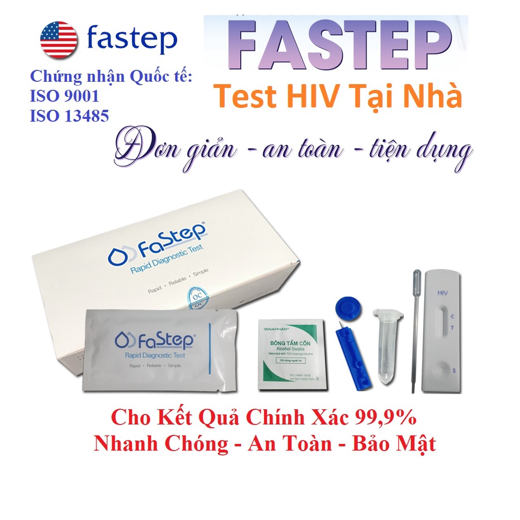 Bộ Xét Nghiêm Test HIV Fastep Sản Phẩm Của Mỹ Đạt Chuẩn Chất Lượng Quốc Tế ISO 9001 ISO13485 Cho Kết Qủa Chính Xác 99,9%