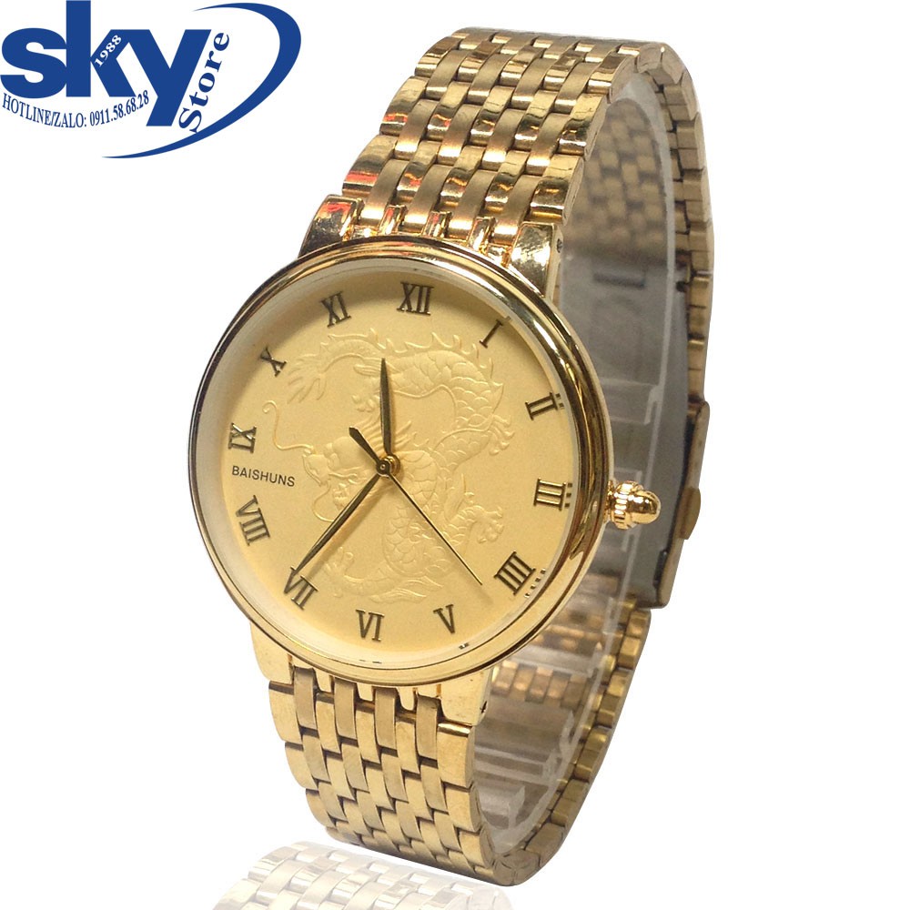 Đồng hồ nam Baishuns DM067999 dây kim loại chạm rồng (Vàng)