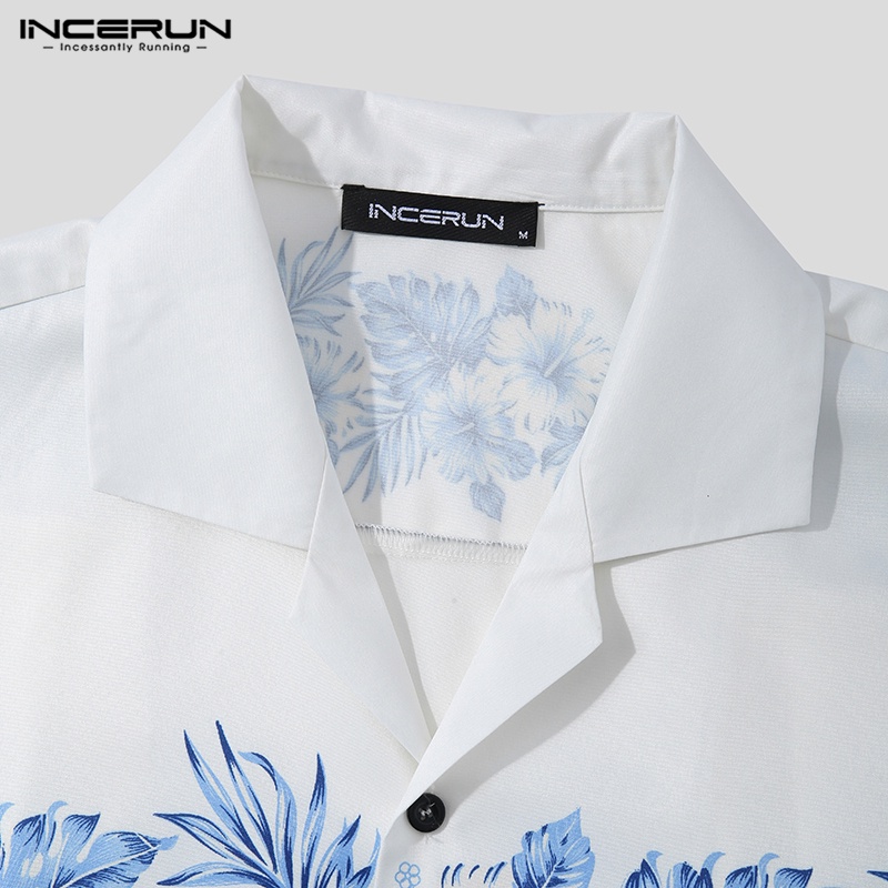 INCERUN Áo Sơ Mi Ngắn Tay Họa Tiết In Thời Trang Đi Biển Mùa Hè Cho Nam