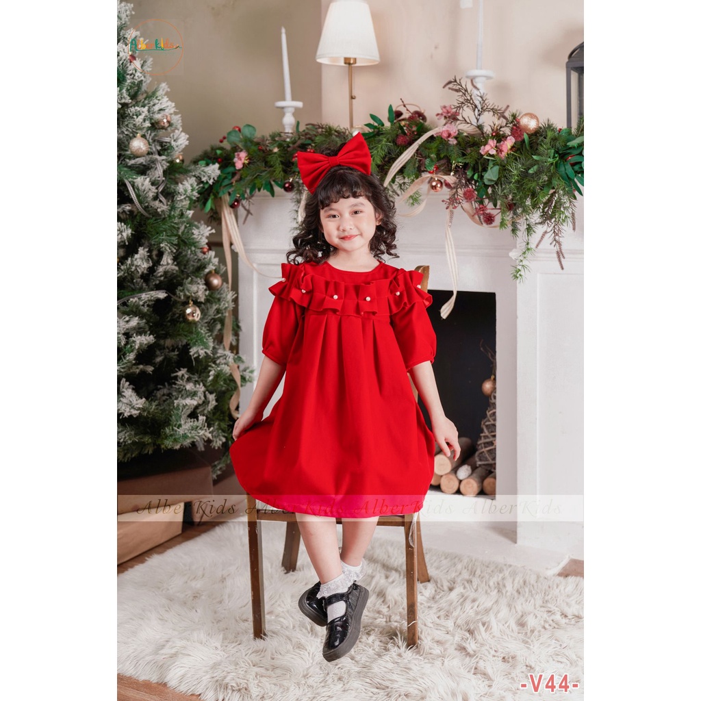 Váy bé gái ALBERKIDS nhung đỏ đính NGỌC dài tay công chúa xinh đẹp cho trẻ em gái từ 2,3,4,5,6,7,8,9,10,11,12 tuổi [V44]