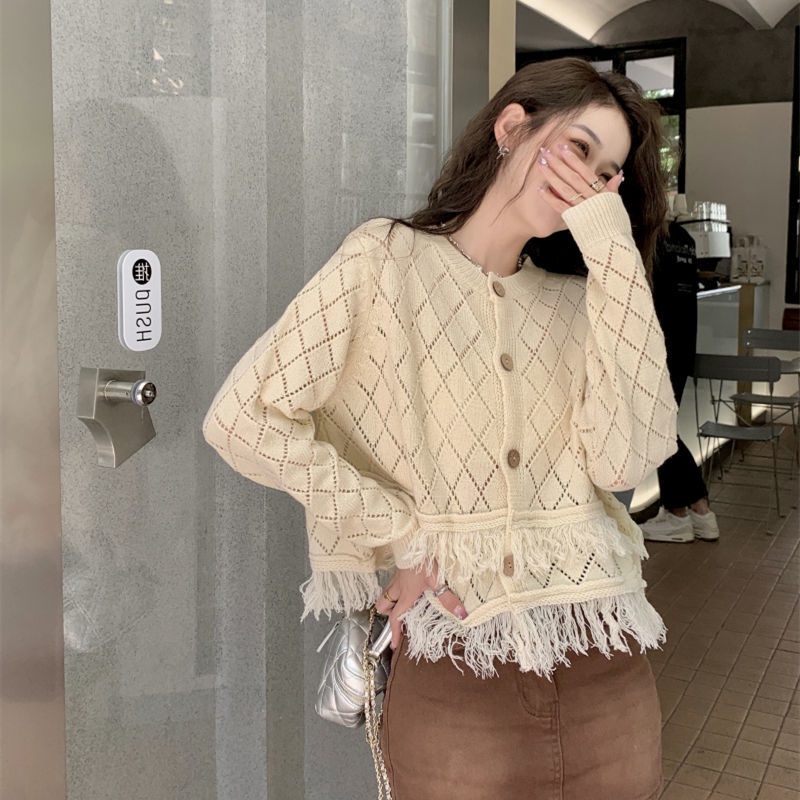 Áo Khoác cardigan Dệt Kim Mỏng Dáng Ngắn Thiết Kế Nhiều Lớp Phối Tua Rua Thời Trang Mùa Thu Mới Cho
