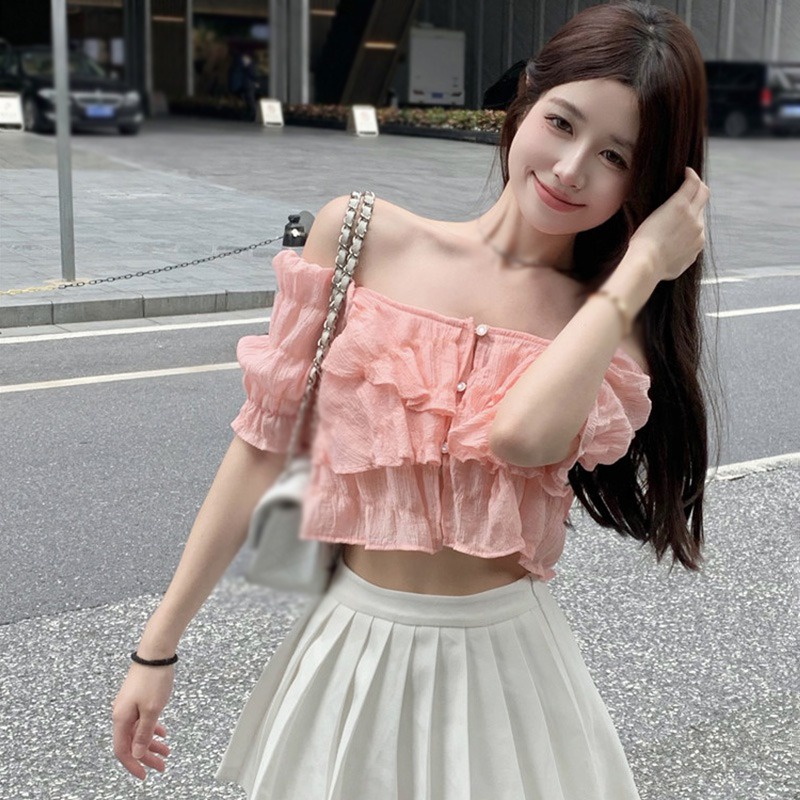 Áo Chiffon Tay Ngắn Hở Vai Một Hàng Nút Màu Sắc Ngọt Ngào Cho Nữ