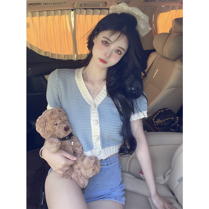 Áo Dệt Kim Ngắn Cổ Chữ V Thời Trang Hàn Quốc Cho Nữ