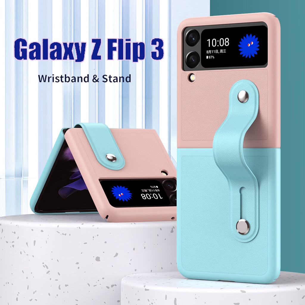 Bao Da Điện Thoại PU Bảo Vệ Toàn Diện Chống Rơi Có Giá Đỡ Và Dây Đeo Cho Samsung z Flip3
