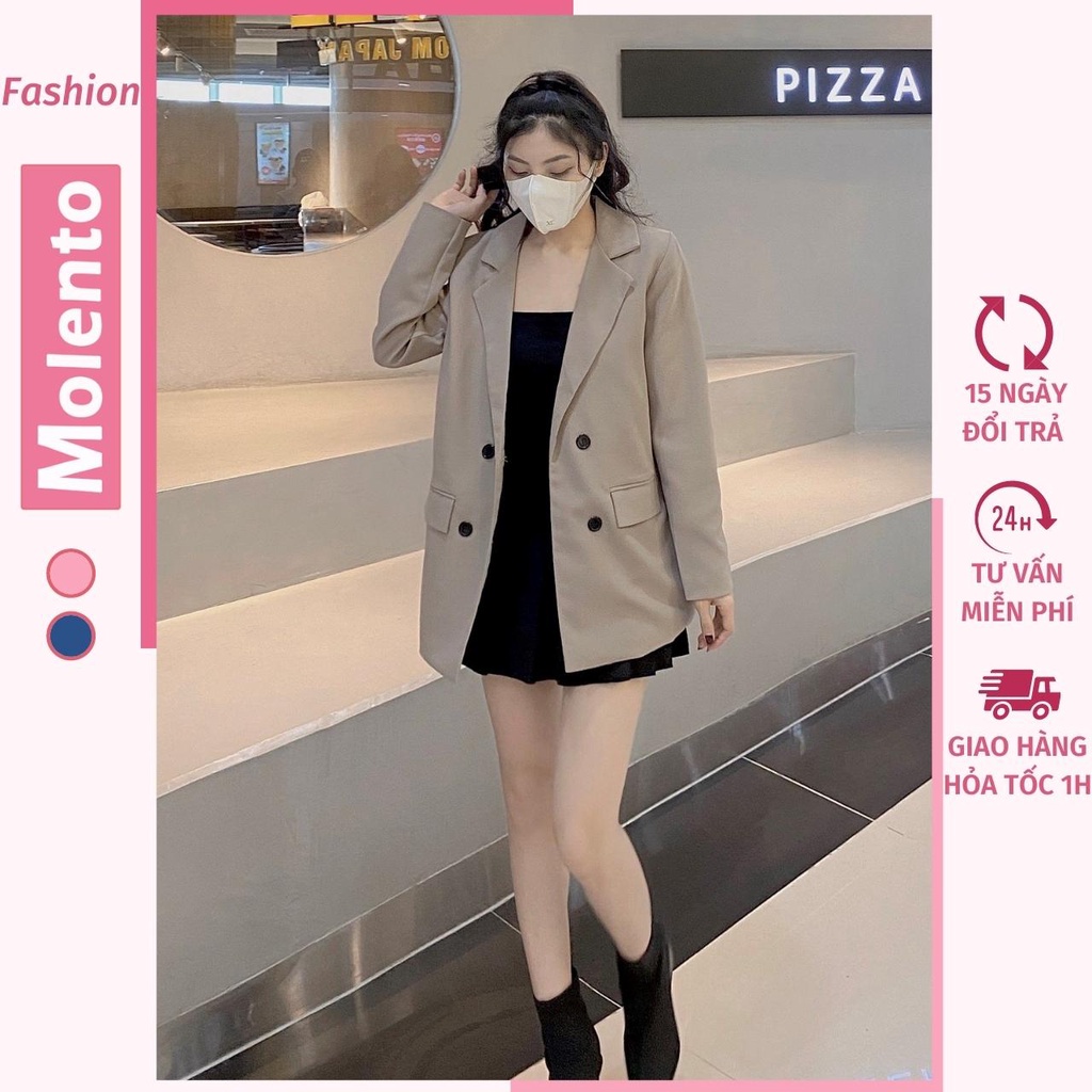 Áo Khoác Blazer Vest Nữ 2 Lớp 4 Khuy Túi Nắp Cao Cấp Phong Cách Hàn Quốc Vải Tuyết Mưa Dầy Dặn Đứng Dáng MOLENTO M76