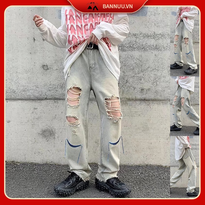 Quần Jeans Dài Rách Gối quần ống suông Thời Trang quần jean ống suông Dành quần baggy nữ quần jeans from rộng quần jean nam rách gối phong cách Hàn Quốc quần bò suông