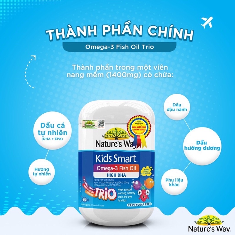 Nature's Way Kids Smart Omega 3 Fish Oil TRIO - Viên dầu cá bổ sung DHA phát triển trí tuệ cho bé (Hộp 60v)