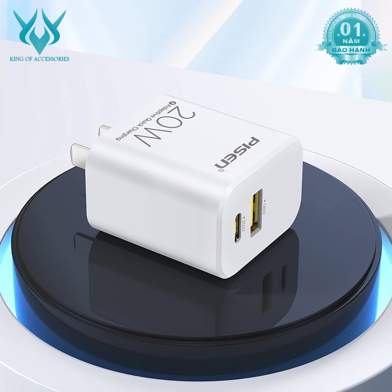 Cốc sạc nhanh 2 cổng Pisen RY01520W1C1AC hỗ trợ USB QC 3.0 và TypeC PD 20W (Trắng) - Nhất Tín Computer