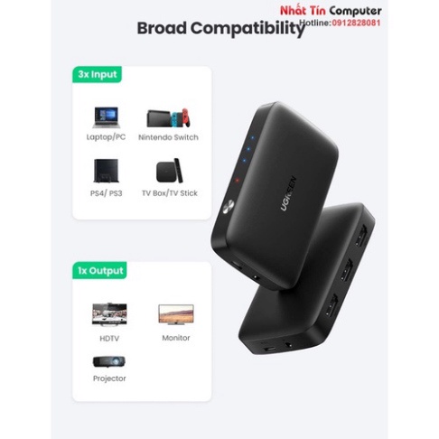 Thiết bị chuyển mạch HDMI 3 vào 1 ra 4K@30Hz 3D 1080p Ugreen 80125   - Phân Phối Chính Hãng