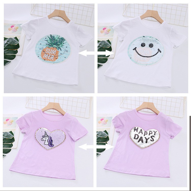 Áo Thun Cotton Tay Ngắn Đính Kim Sa Hình Kỳ Lân Thay Đổi Màu Sắc Cho Bé Gái