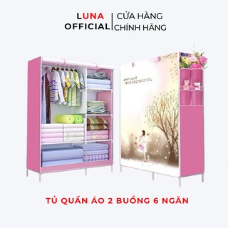 Tủ quần áo 2 buồng 6 ngăn khung inox chống rỉ, Tủ vải đựng quần áo in họa tiết ngộ nghĩnh giá rẻ