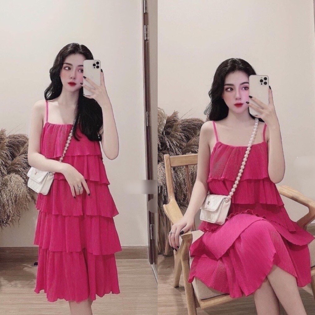 Đầm nữ, Đầm hai dây dập ly tầng dáng tiểu thư + hình thật mẫu mặc