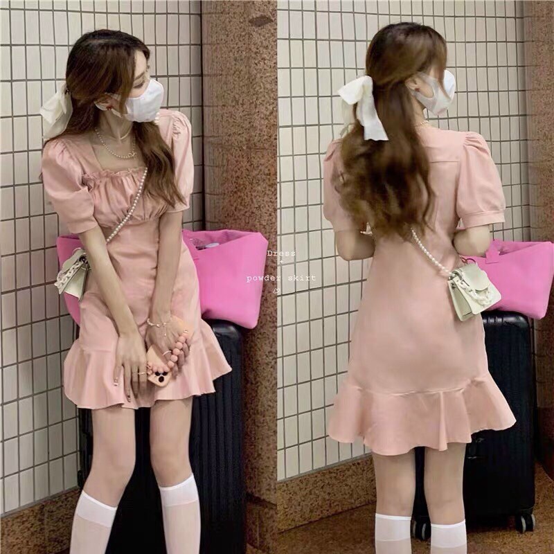 [ Miễn phí ship 2022 ] Đầm hồng cổ vuông nhún ngực, đầm tay búp đuôi cá phong cách hàn quốc cực dễ thương