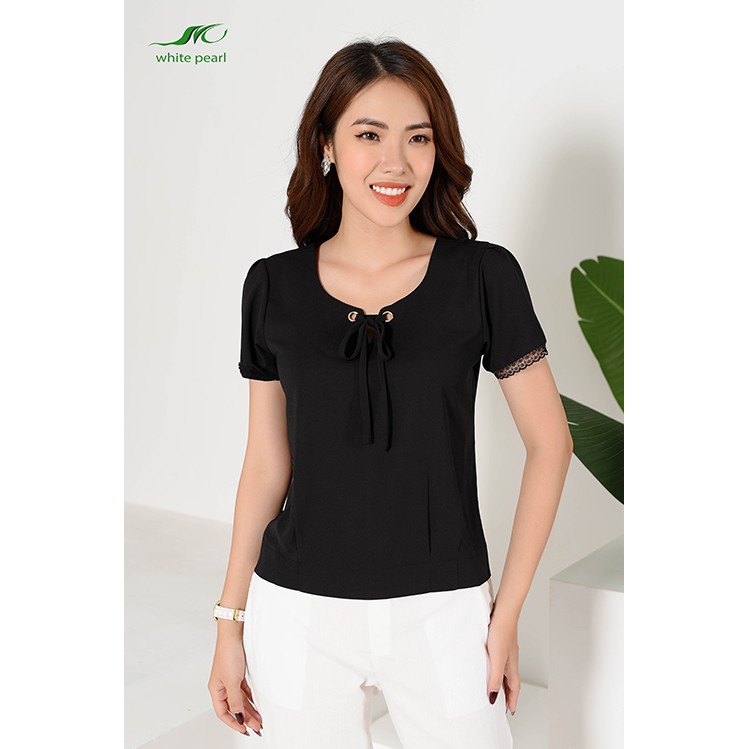 Áo sơ mi bo gấu nữ thời trang công sở cao cấp cổ tròn chất vải mềm mịn đen, đỏ đô, trắng, hồng, xanh cỏ vịt WHITE PEARL