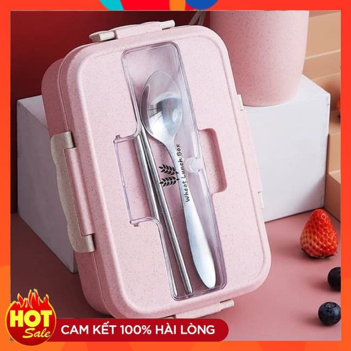 Hộp Đựng Cơm Lúa Mạch 3 Ngăn Tặng Kèm Đũa, Thìa Inox Có Quai Xách