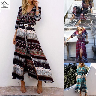 Đầm Maxi Tay Dài Cổ Chữ V Dáng Rộng Cài Nút Họa Tiết Thổ Cẩm Phong Cách Boho Thời Trang Cho Nữ