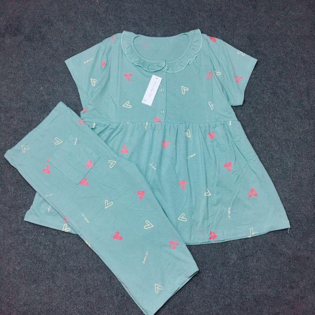 Bộ bầu Lửng tim cổ bèo xinh xắn cho mẹ bầu mặc hè - Bộ đồ bầu sau sinh chất cotton có khoá kéo ti cho con bú