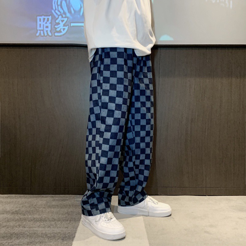 Quần dài ống suông rộng họa tiết kẻ sọc ca rô phong cách hip hop đường phố thời trang cho nam