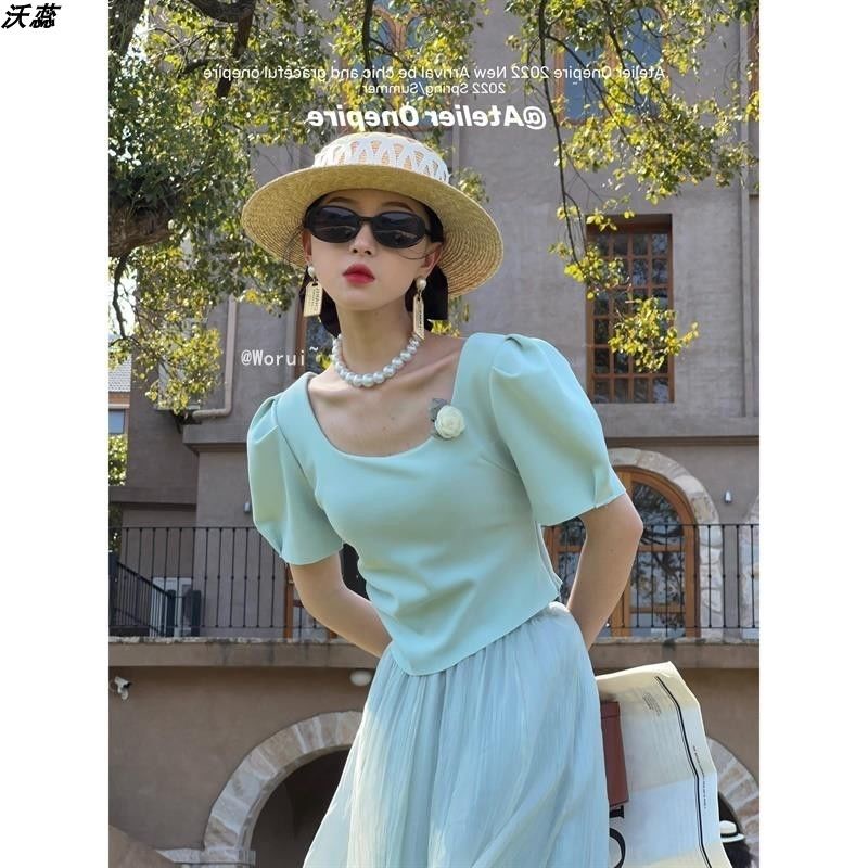 Áo Kiểu Tay Phồng Ngắn Cổ Vuông Màu Trơn Thời Trang Hàn Quốc Cho Nữ