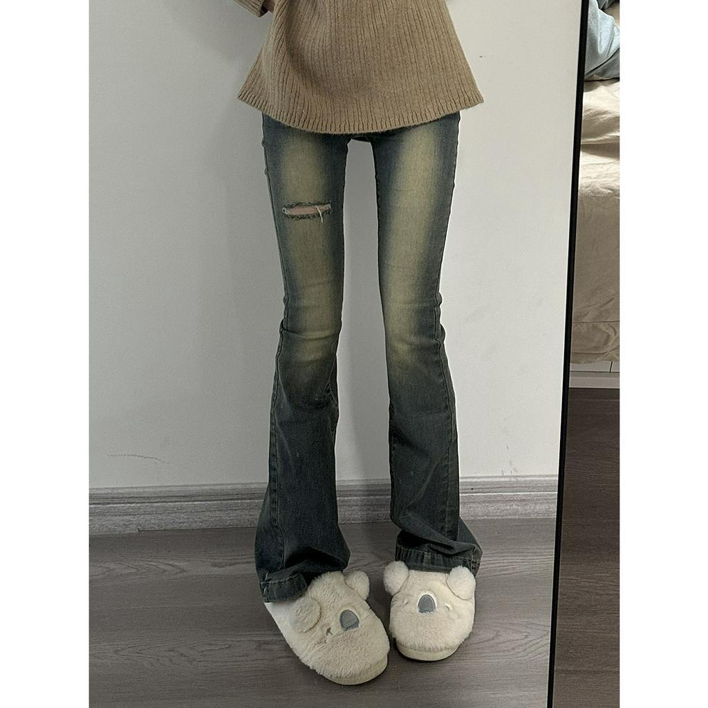 「 WELOVE1 」Quần Jean Ống Loe Lưng Cao Đục Lỗ Màu Xanh Dương Cổ Điển Phong Cách Mỹ Hàng Mới Dành Cho Bạn Nữ Mặc Vào Mùa Hè